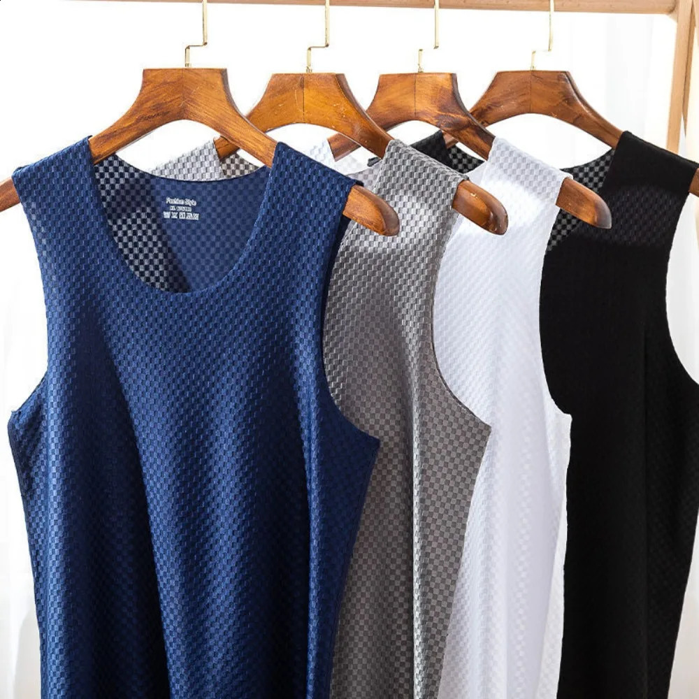 Mens ice silk mesh quick drying vest for summer comfort softness breathability seamless Vneck sports and fitness underwear at the top 240802