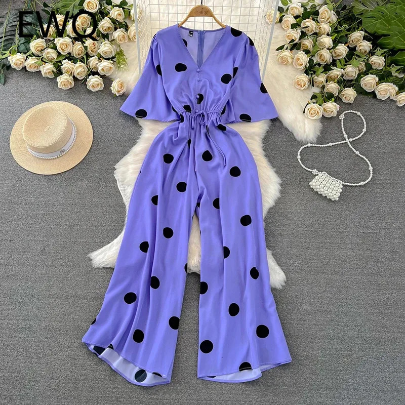 EWQ casual printed womens jumpsuit V-neck short sleeved lace patchwork waist loose clothing fashionable 2024 summer item 27C665240802
