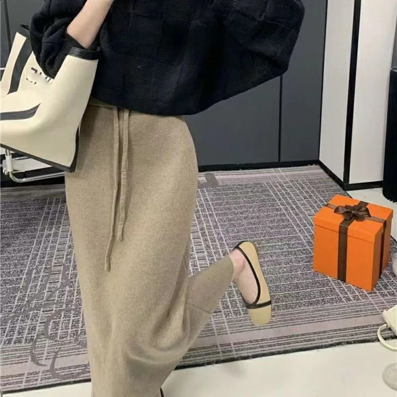 Xpqbb Gentle Style Knitted Skirts for Women Autumn Winter All-Match High Waist Long Skirt Woman Korean Temperament Midi Skirts 240805