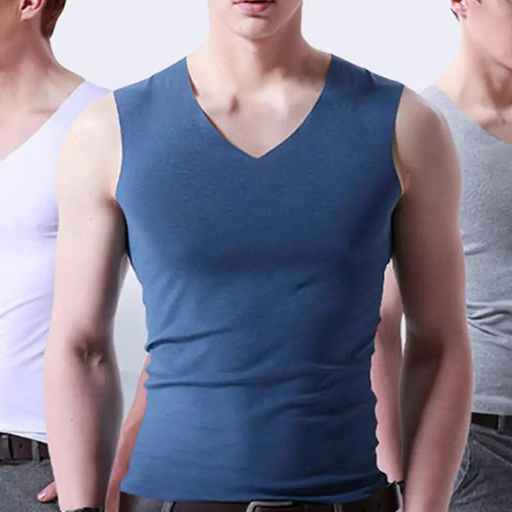 Mens summer seamless elastic vest top comfortable sleeveless Vneck soft fashion casual 240802