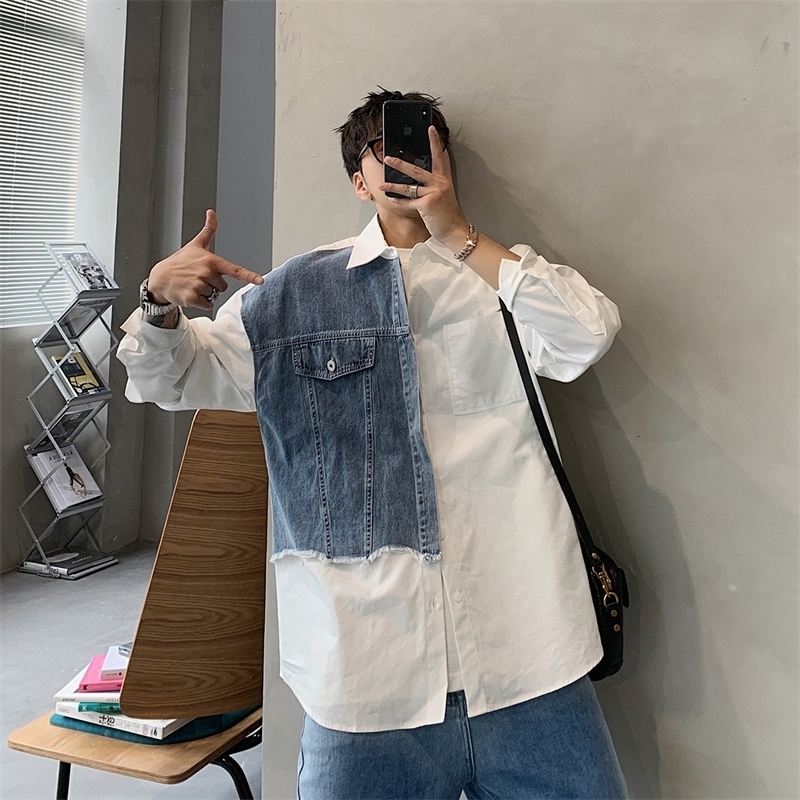 Denim patch work white shirt mens lapel long sleeved button loose top Spring and Autumn fashion retro streetwear mens240802