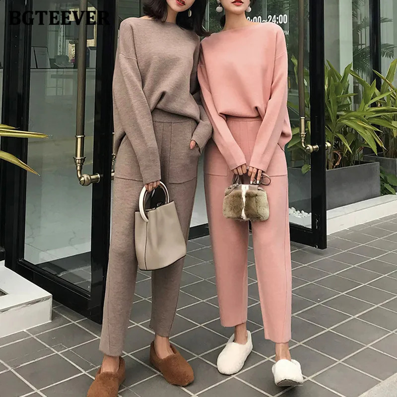 BGTEEVER hiver décontracté épais pull vêtements de piste pull à col rond et taille élastique pantalon ensemble femmes tricoté 2 pièces ensemble 2