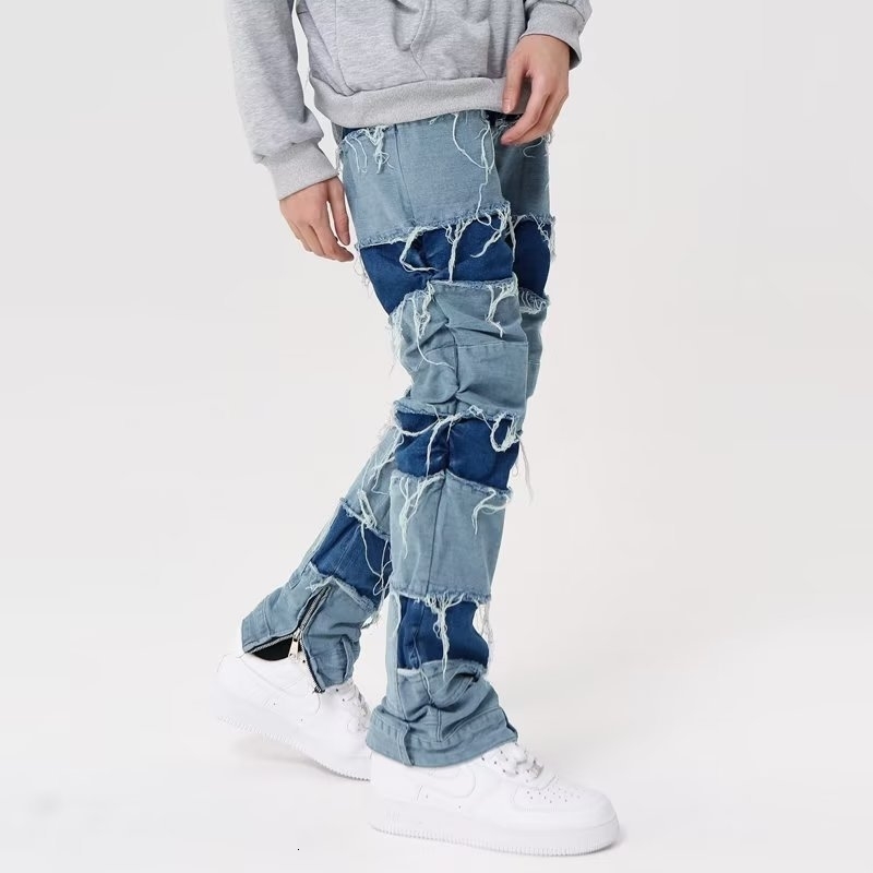 Fashionable retro hip-hop damaged patch work jeans mens inner zipper high street Y2k jeans pockets contrasting colors straight jeans240802