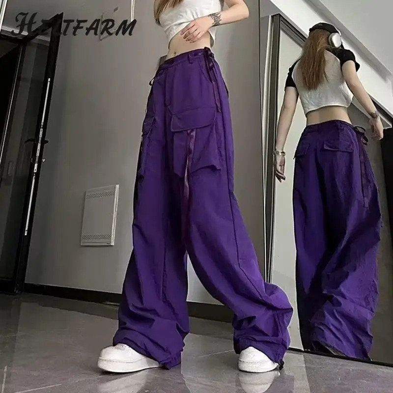 Bottoms de mode vintage dopamine pantalon de cargaison violet baggy avec de grandes poches pour femmes y2k coréen 240806