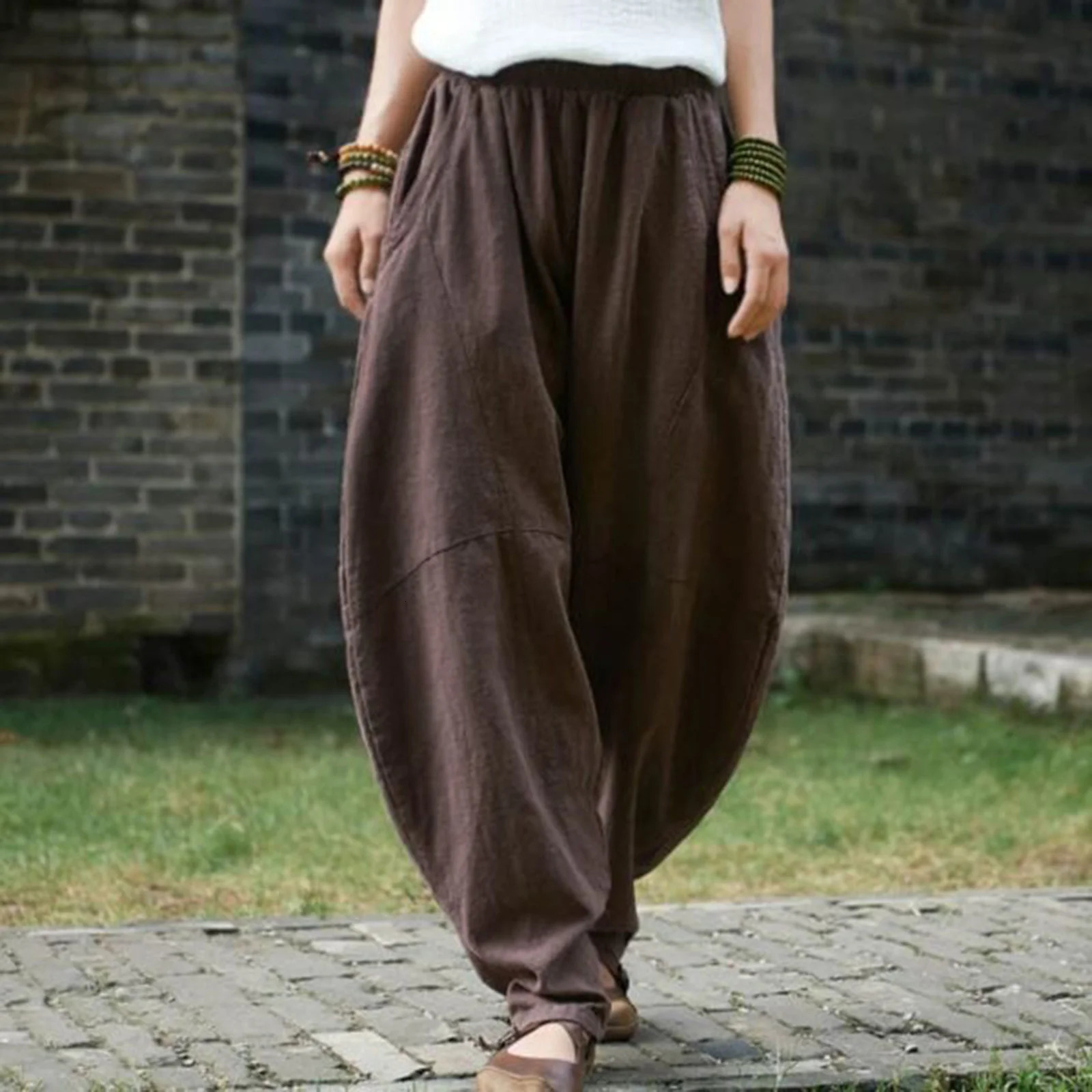 Coton lin en vrac Femmes Pantalon de cargaison décontractée Pantalon baggy solide femme pantalon 240806
