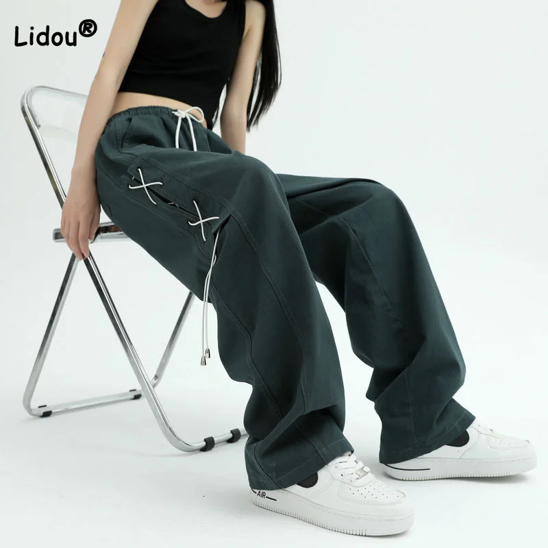 American Retro Hiphop Draping Sense Side Strap Cargo Trousers Womens Autumn Winter Plush Drawstring Wide Leg Pants Trend 240806
