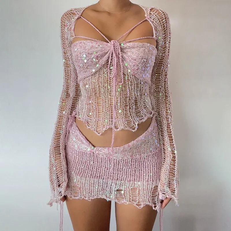 Sexy Sequined Knitted Sweater Party Dresses 3 Piece Skirt Sets Womens Outfits Flare Long Sleeve See Through Clue Wear Dress 240806
