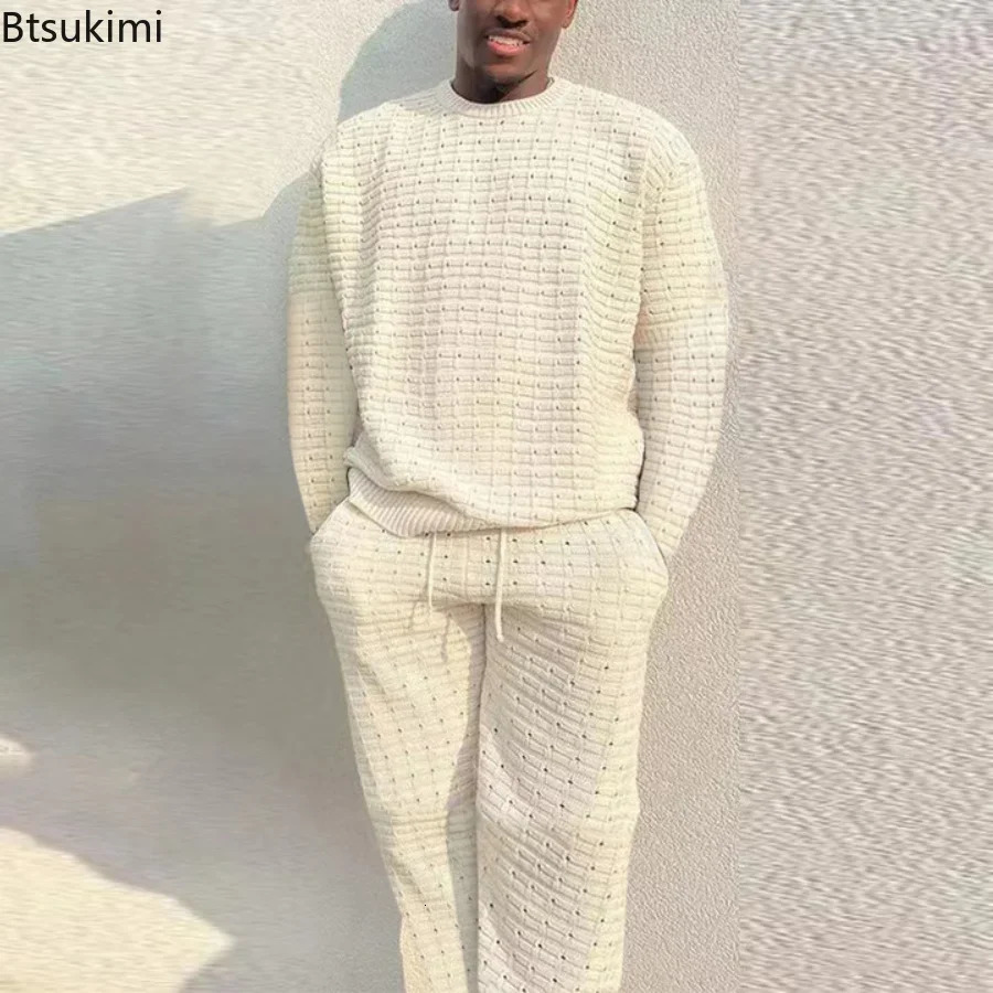 2024 mens casual two-piece knitted O-neck long sleeved T-shirt and drawstring pants set fashionable mens clothing set240806