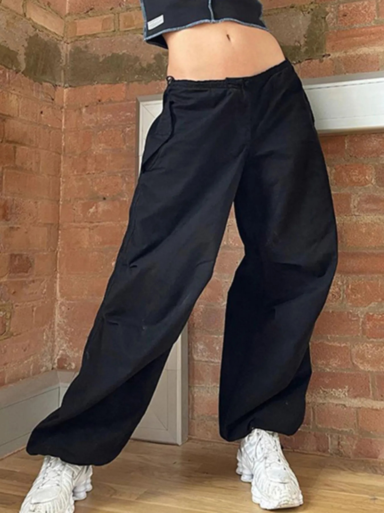 Femmes Y2K Low Taies Slim Pantalon de jambe large lâche Trache à cordon Pantalon de cargaison de mode de séchage rapide pour la randonnée noire 2