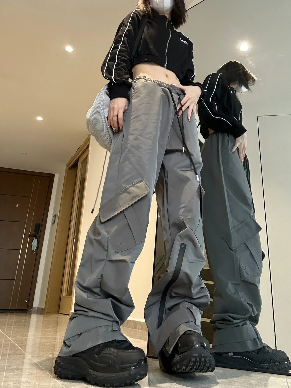 Qweek Baggy Techwear Cargo Pantalon Femmes Y2K Streetwear Hip Hop Pantalones Mujer Summer Grey Black Casual Wide Jam Le jambe pantalon 240806