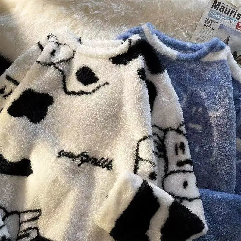 Winter cashmere sweater mens 90s retro clothing loose plush warm hoodie Yk2 aesthetic cute cyberpunk top Emo sportswear Y2k 240806