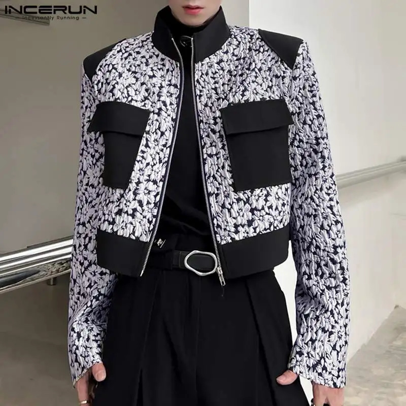 2023 Mens Jacket Printing Patch Work Stand Collar Long Sleeve Crop Coat Street Clothing Zipper Autumn Fashion Casual INCERUN 240806