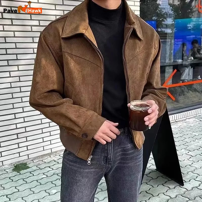 Brown suede retro mens jacket Spring and Autumn high-end solid loose lapel zipper short sleeved jacket retro streetwear bomber jacket240806