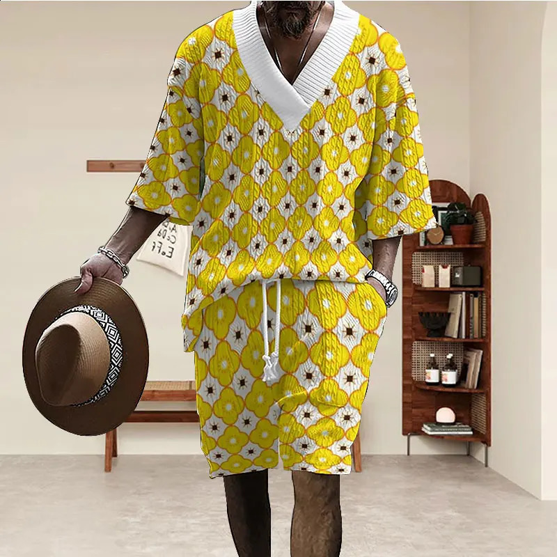 2024 Summer Mens 3d Casual Loose European Wear Vneck Half Mancheve Tshirt et deux pièces Livraison gratuite 240806