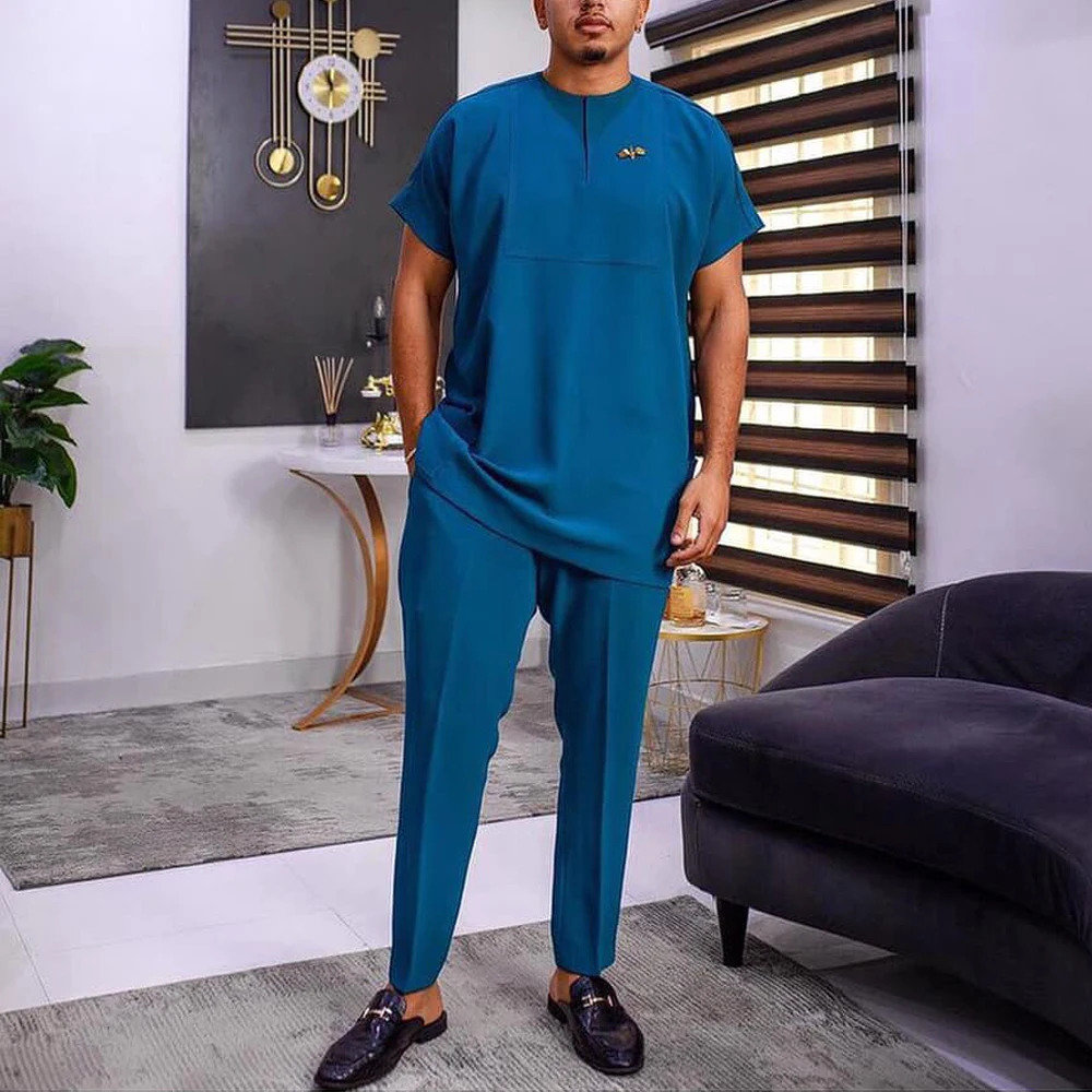 2024 summer mens short sleeved round neck solid color simple shirt and casual pants two-piece set African mens clothing M-4XL240806