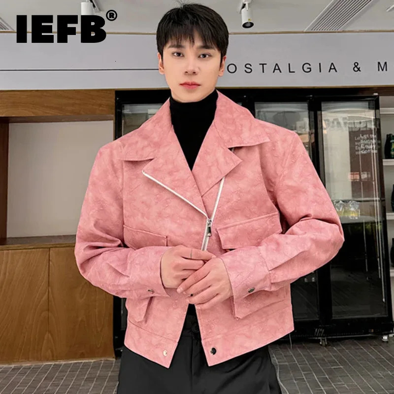 IEFB Matte Mens PU Leather Jacket Street Collar Large Pocket Zipper Solid Color Mens Short Coat Spring Style 9C4227240806