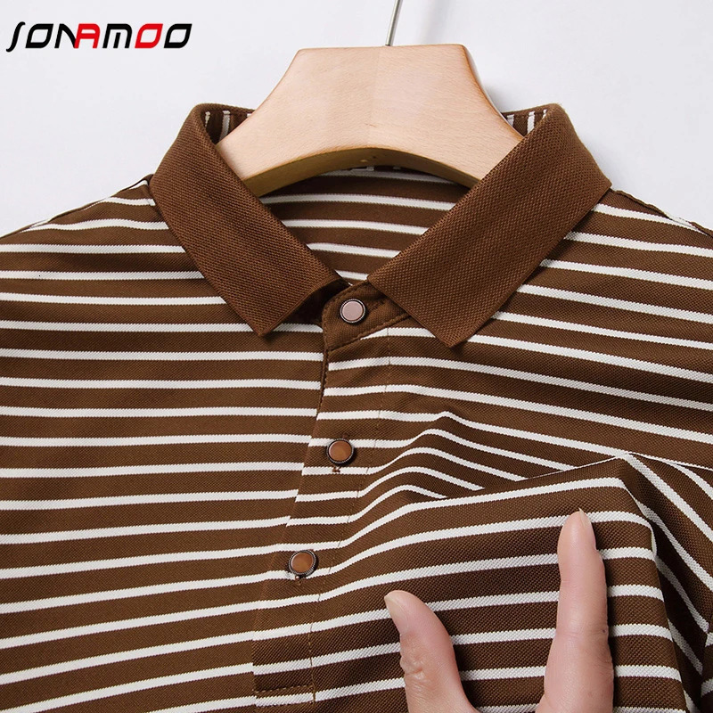 2024 mens striped cotton business casual short sleeved polo shirt fashionable comfortable breathable top 240806