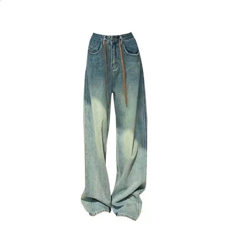 Womens Spring Autumn Fashion Drawstring Retro Tie Dyed Denim Korean Versatile Casual Straight Leg Pants Wide Leg Mop Pants 240806