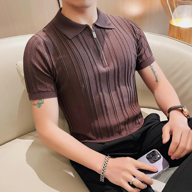 Summer striped knitted mens polo shirt short sleeved lapel casual business Tshirt 240806