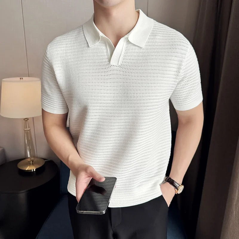 Mens polo shirt 2024 summer item thin knit hollow striped jacquard solid short sleeved Vneck Tshirt casual mens clothing 240806