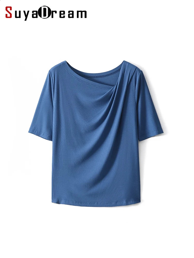 SuyaDream Women Solid T Shirt Real Silk Blend Skew Collar Summer Tee Ribs Tops Blue Pink 240806