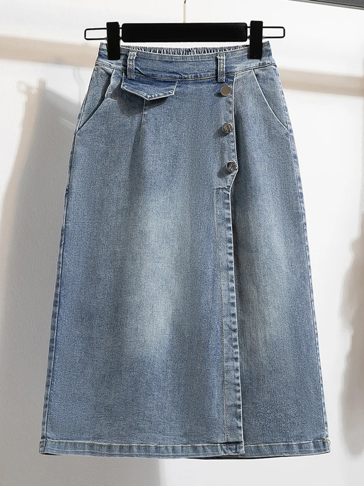 Taille de taille plus en jean femme automne taille haute taille élastique bleu jeans jupes avec doublure de la jupe décontractée de style coréen
