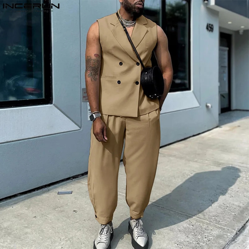 INCERUN Mens Solid Color Street Clothing Collar Sleeveless Double Chest Tank Top and Pants 2PCS 2024 Fashion Mens Casual Set S-5XL240806