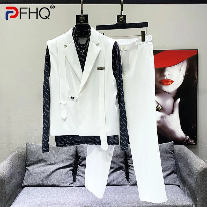 PFHQ 2023 Summer Casual Mens 2piece Solid Vneck Sleeveless Jacket Tank Top Straight Pants Set Trendy 21F3959 240806