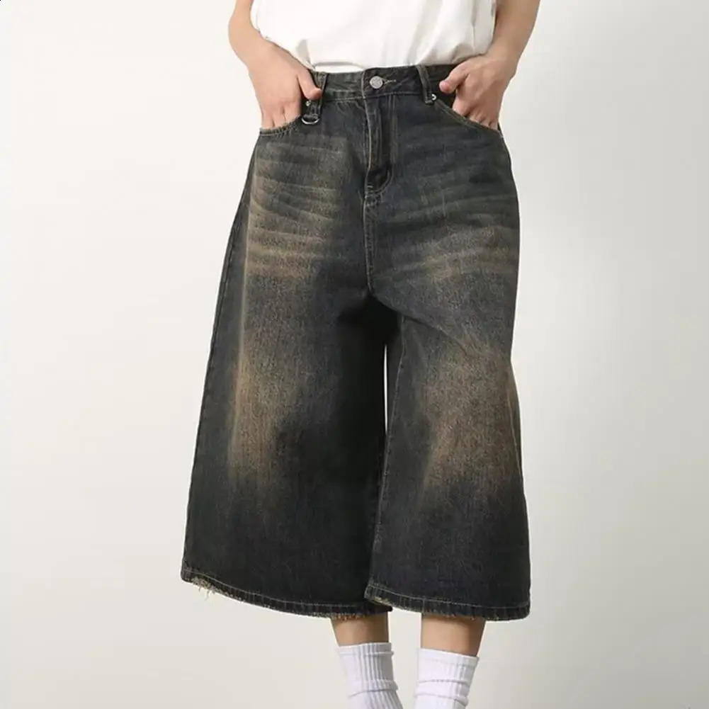 Womens retro plus denim shorts unisex wide leg hat street style summer womens high waisted loose 5XL 240805