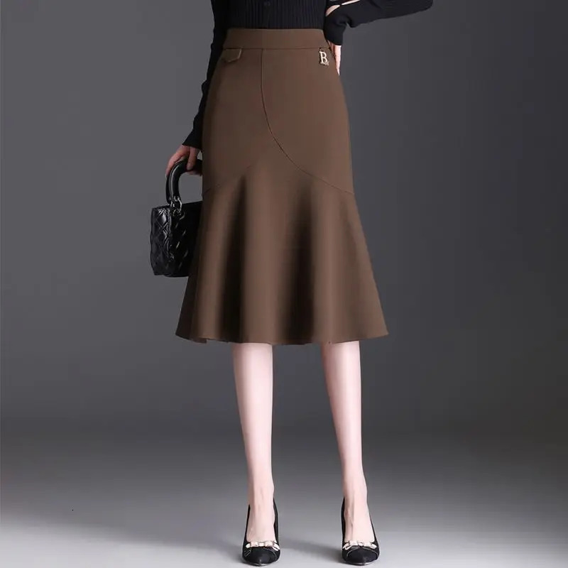 Fashion High Waist Fishtail Skirt Women Solid Korean Fashion Simple Patchwork Elastic Versatile Wrap Hip One Step Half Skirt 240806