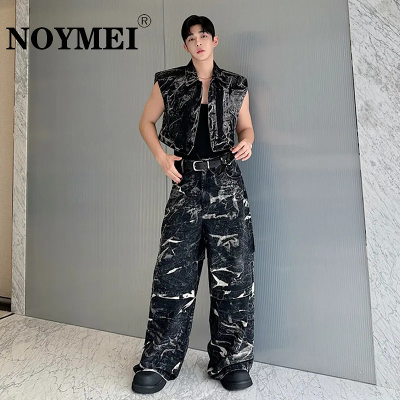 NOYMEI Mens Two Piece Summer Collection 2024 Collar Sleeveless Tie Dye Patch Work Tank TopLoose Wide Leg Pants WA5247240806