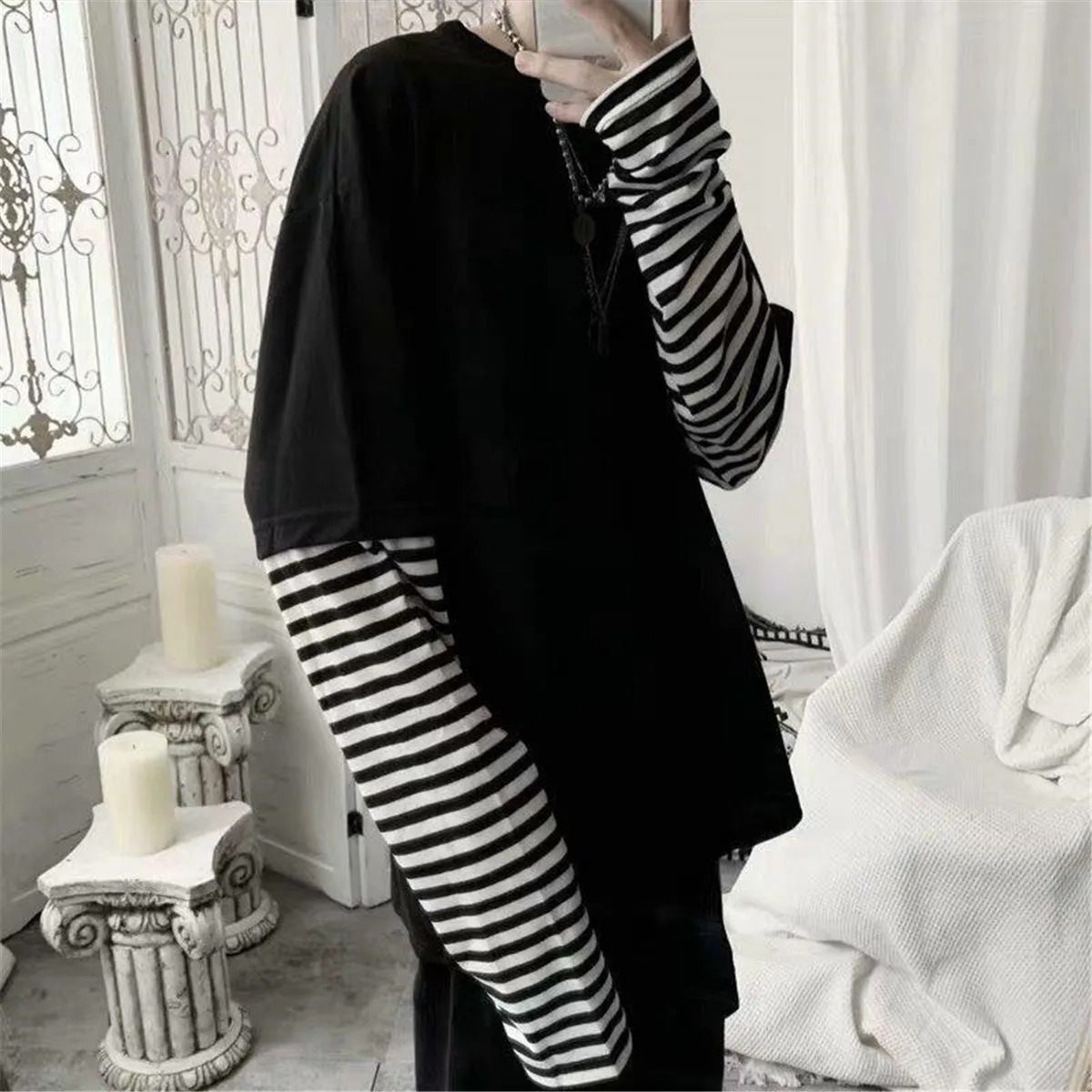 Cool Striped Patchwork T-Shirt Men Autumn Oversize Tops Boys Solid Long Sleeve T Shirt Fashion Japanese Gothic Japan T Shirt 240806