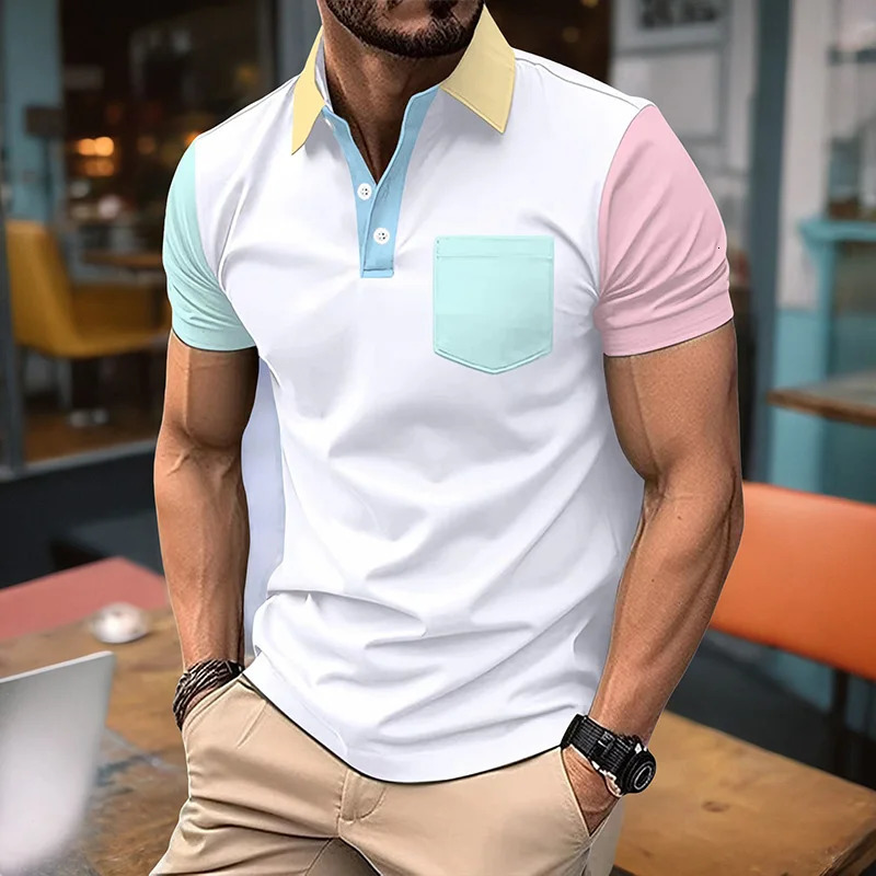 2024 mens summer polo shirt short sleeved striped collar fashionable personalized 3D color business casual top 240806