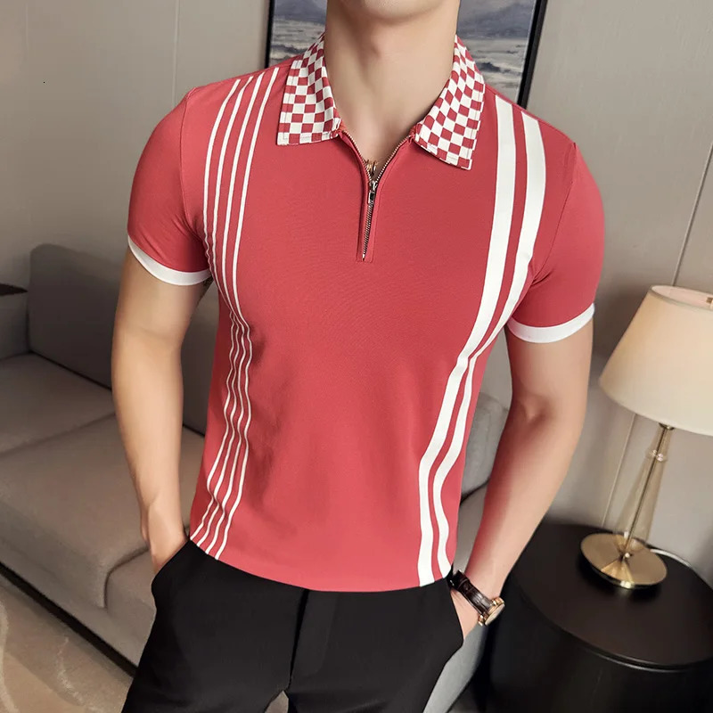 Mens Summer Striped Polo Shirt High Quality Business Casual Solid Color Top 3XLM 240806