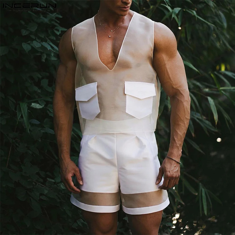 INCERUN MENS MESH Patch Work Transparent Sexy Vneck Vnek sans manches gilet et shorts 2pcs Streetwear 2024 Vêtements à la mode 240806