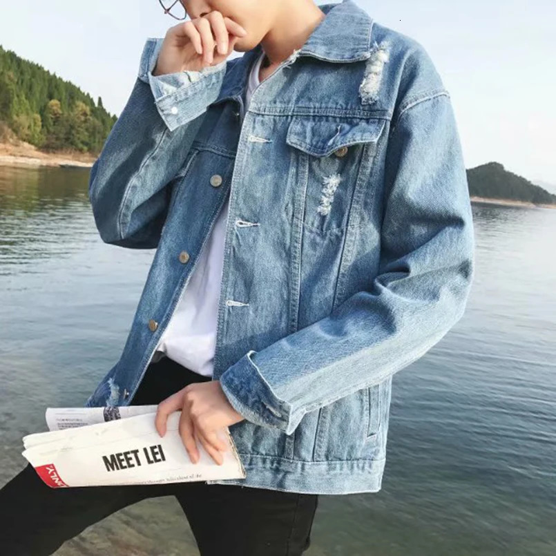 Tear open denim jacket for mens spring hiphop coat oversized tear autumn 2023 240806