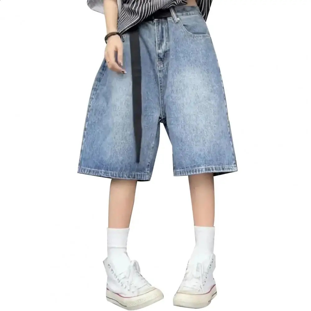 Retro womens denim shorts wide legged straight knee long hiphop waist gradient 240805