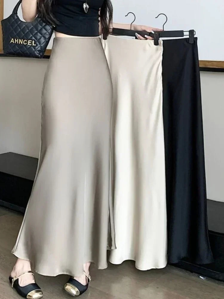 Jupes de queue de poisson solide pour femmes hautes satin en satin jupe midi lâche jupe de longuement d'été gris pour femmes élégantes mode 24080