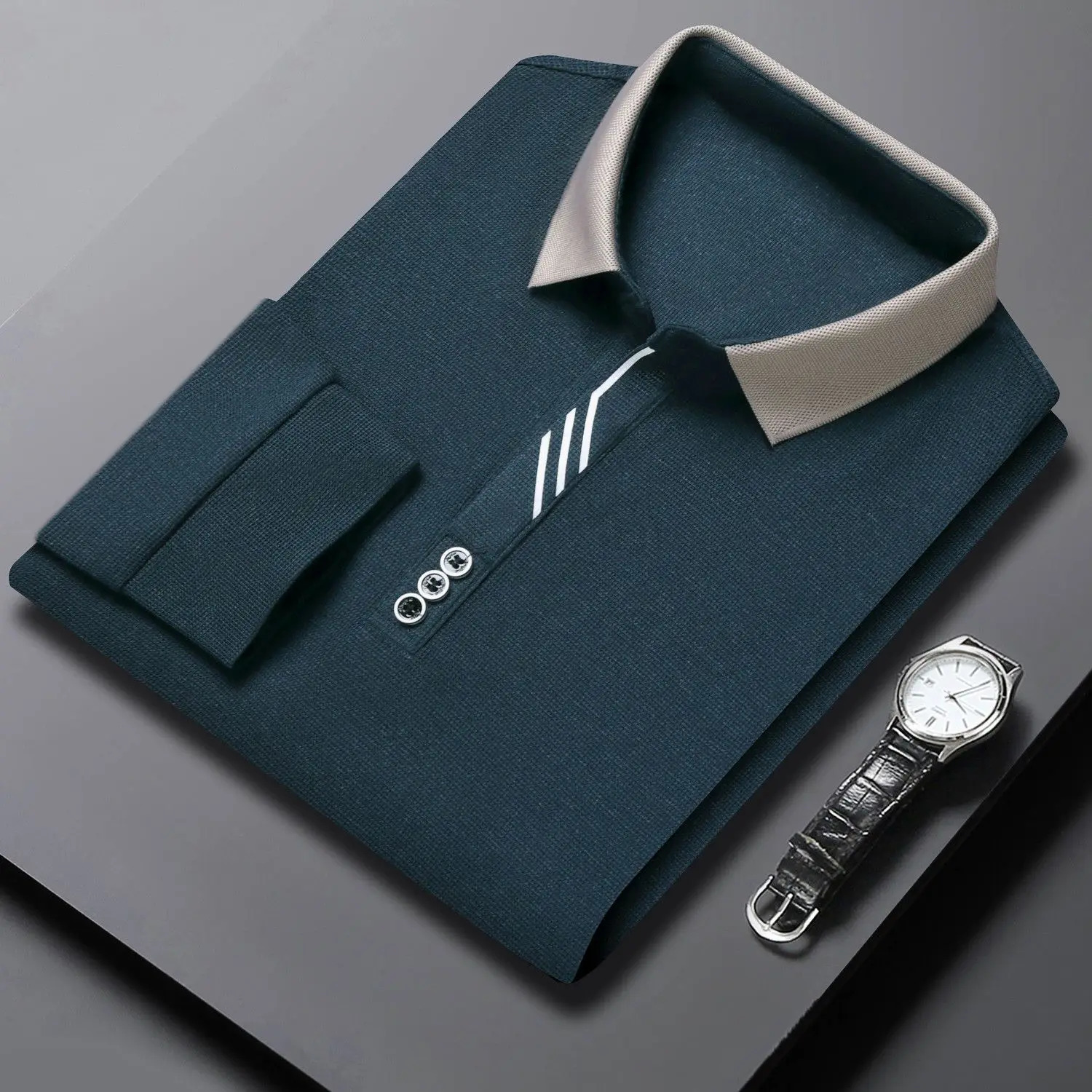 Spring and Autumn Simplicity Buttons Solid Color Turn-down Collar Long Sleeve Polo Shirts Mens Clothing Smart Casual T-Shirt 240806