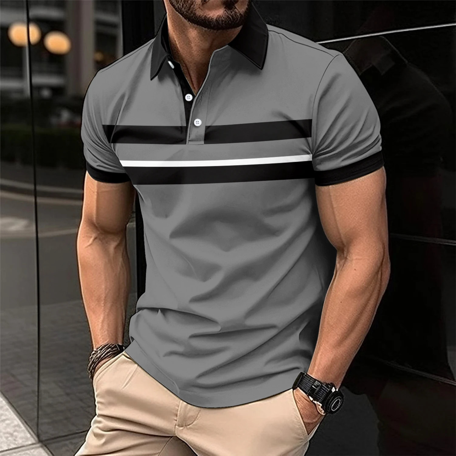 Summer mens casual 3D printed highend polo shirt striped button business short sleeved Tshirt 240807