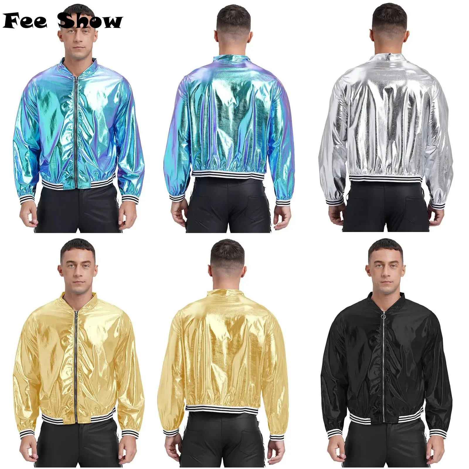 Mens metal shiny bomber jacket long sleeved front zipper with outer belt baseball club street style 240806