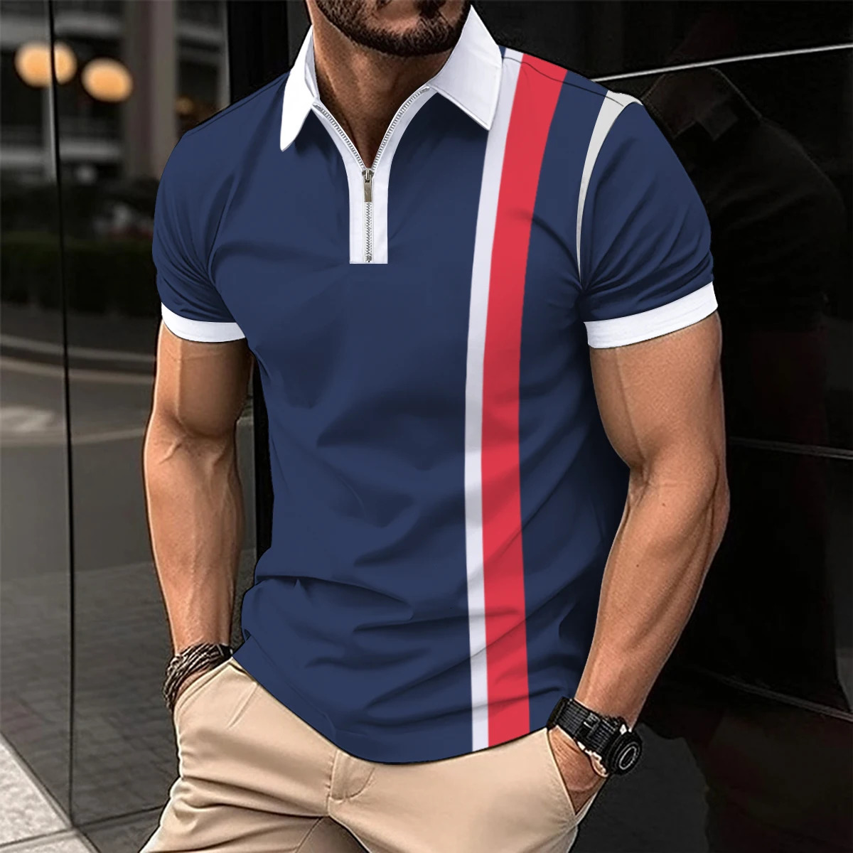 Summer mens short sleeved polo shirt casual patchwork work striped printed Tshirt breathable street style 240806