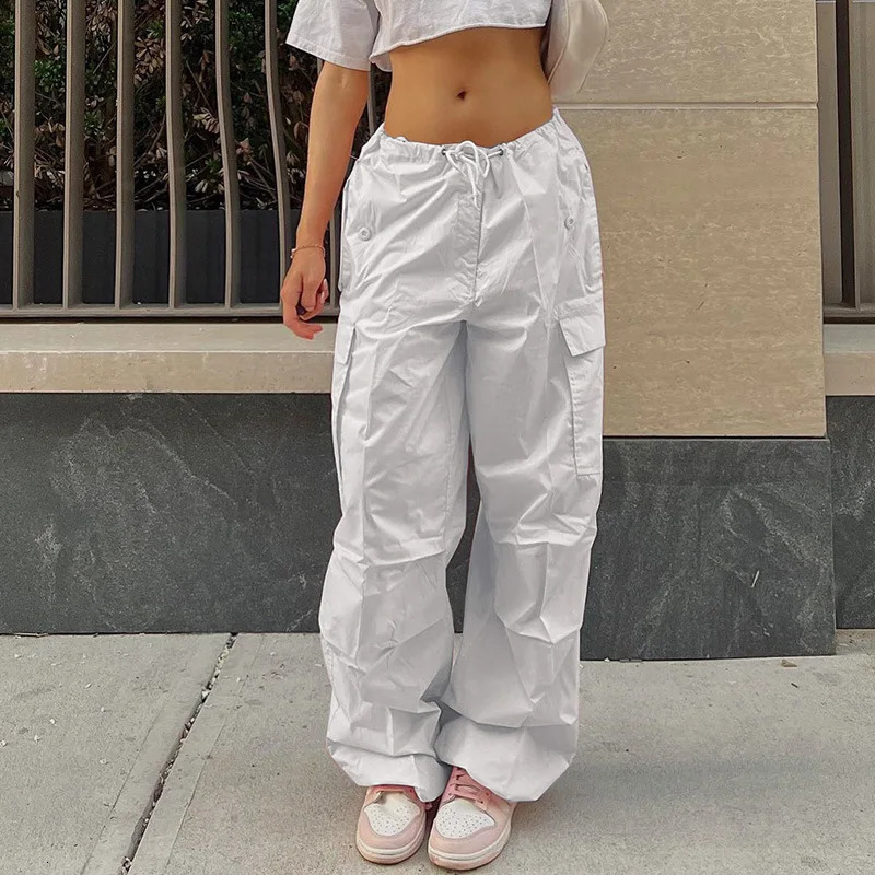 Pantalons de cargaison de cargaison printemps streetwear poches de mode solides pantalon cordon décontracté mince pantalon de fret tricot polyval