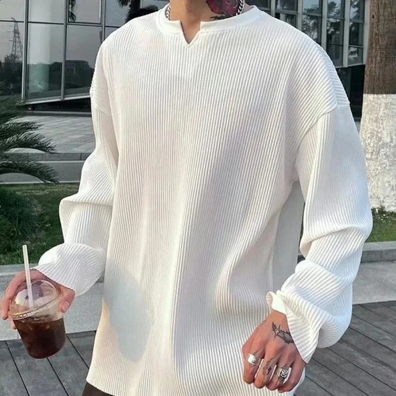 2024 Spring White Vneck Wrinkle Stripe Tshirt Mens Large Silk Soft Long Sleeve Summer Loose Bottom Shirt 240805
