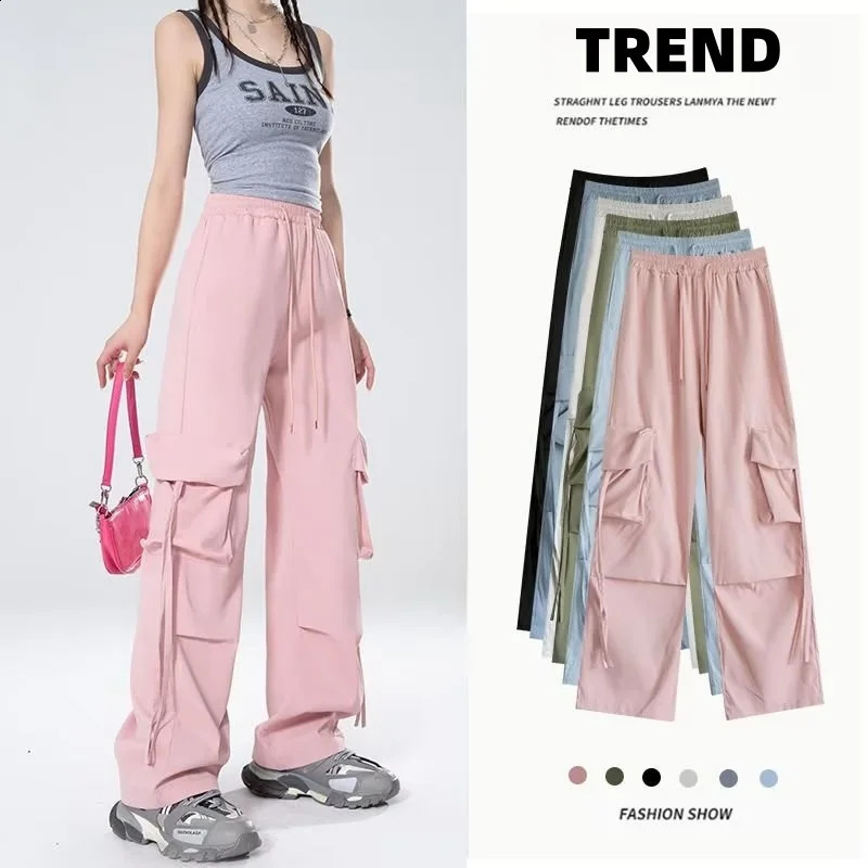 Pantalons de cargaison hip hop féminins Streetwear décontracté hautes grandes poches pantalon cordon de survêtement pantalon de la jambe large 24