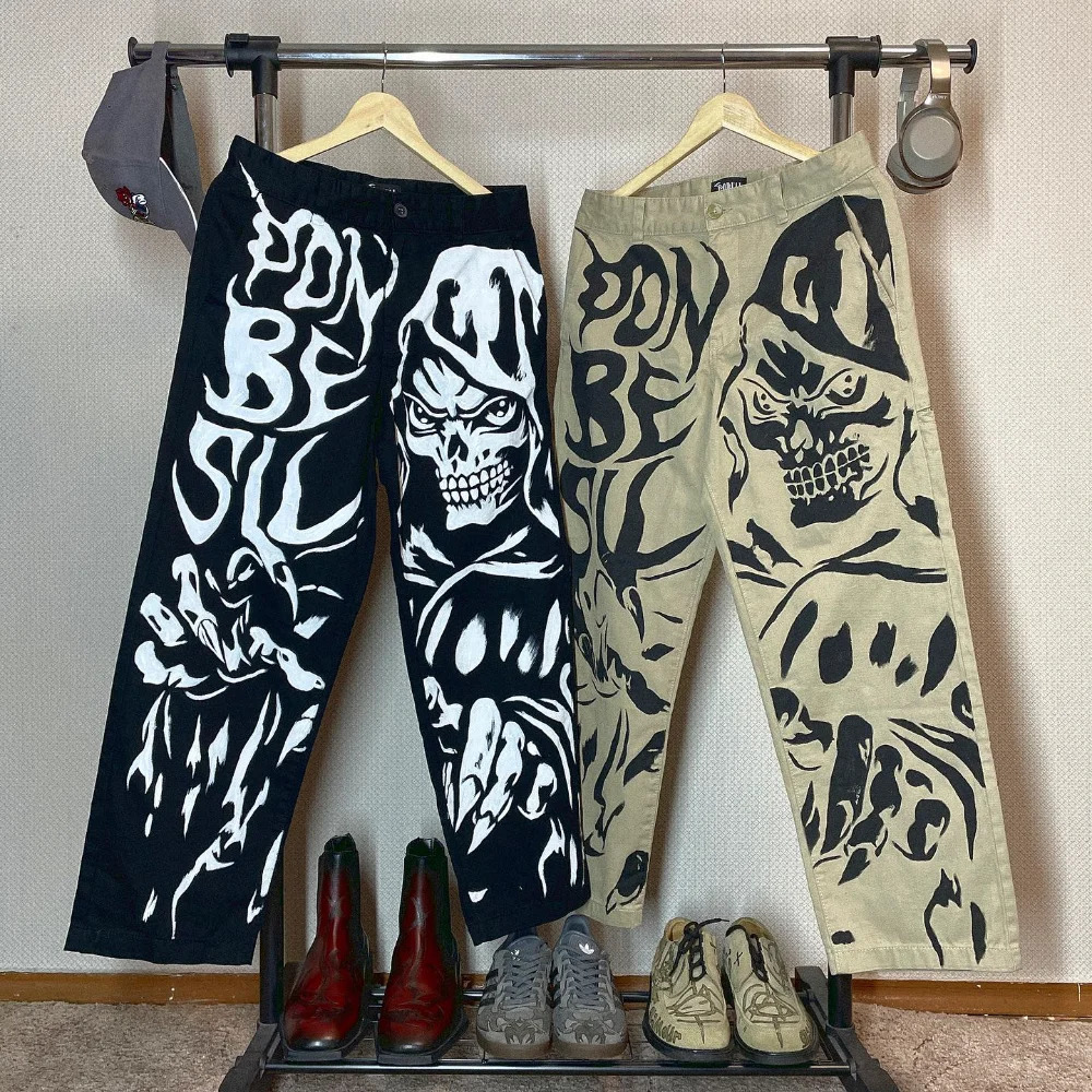 Y2k black jeans fashionable and personalized skeleton printed wide leg straight hiphop pants Gothic Harajuku mens 240806