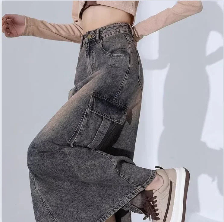 High Street Long Denim Skirt Womens Fashion High Waist Slim A Line Retro Straight Maxi Dress Spring/Summer Denim Skirts 240806