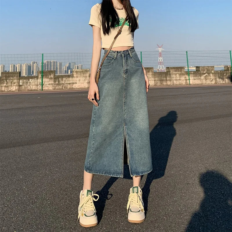 Enveloppez les fesses robe lavée denim jupes femme jupe crayon taille haute la longueur de cheville mince poches solides bases d'été 240806