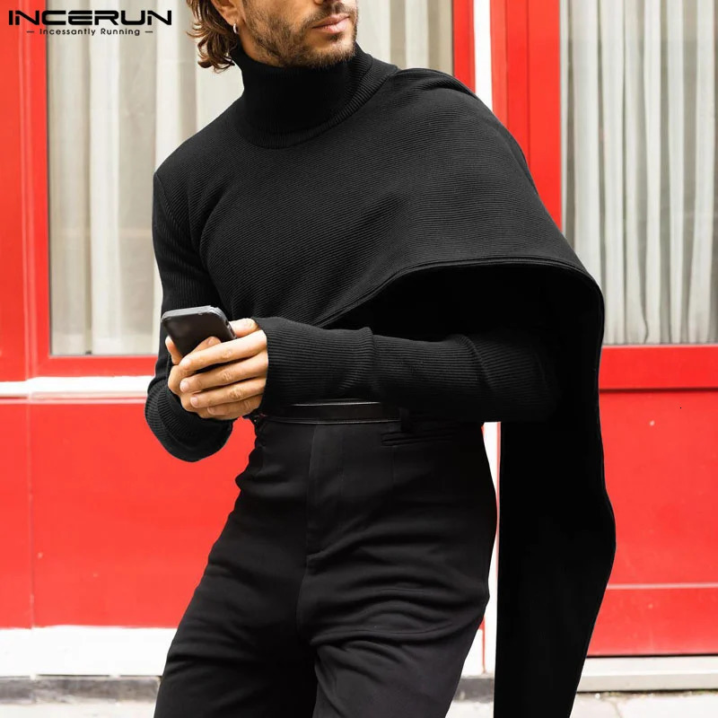 INCERUN Mens Irregular Pulled Solid Color Turtle Neck Long Sleeve Knitted Casual Sweater Street Clothing Autumn 2023 240806