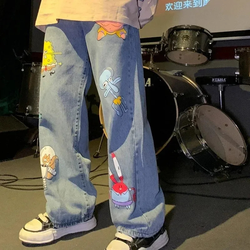 Mens and womens straight loose autumn Korean cartoon printed jeans street hiphop handsome nine point pants fashionable 240806